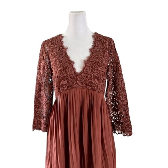 Zara Terracotta Pleated Guipure Lace Dress Size Medium - Picture 7 of 13